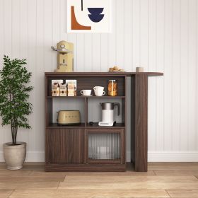 Modern Bar Cabinet with Rotating top, Counter Height Dining Cabinet with 6 Storage space and 2 Ribbed Glass Door for Kitchen