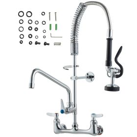 Wall-Mounted Kitchen Faucet, 25" Tall, 8" Center Distance, 12" Rotatable Spout, Includes Pre-Rinse Spray, Brass Build, Pull-Down Feature