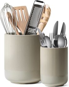Utensil Holder for Kitchen Counter, 7.3"+5.4" Fluted Ceramic Utensil Crock Organizer for Countertop, Heavy Large Holder for Spatulas, Spoons, Set (Material: Ceramic)